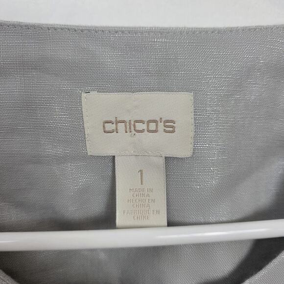 Chico's Silver 100% Linen 3/4 Sleeve Zip Up Quiet Luxury Going Out Jacket Sz 8 - Picture 4 of 9